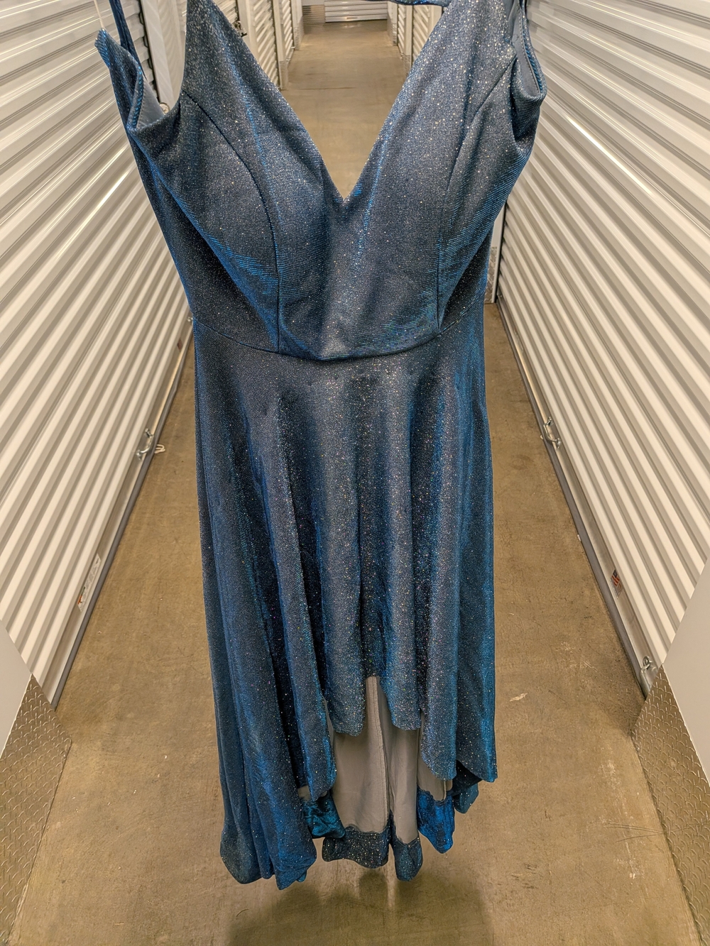 Windsor Teal Glitter Spaghetti-Strap A-Line Gown